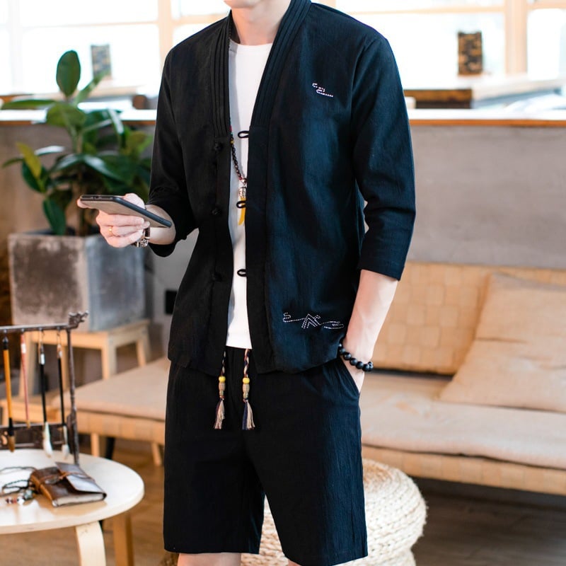 Męski Wiosenny Komplet Dwuczęściowy Kardigan Slim Fit Okrągły Dekolt Długi Rękaw