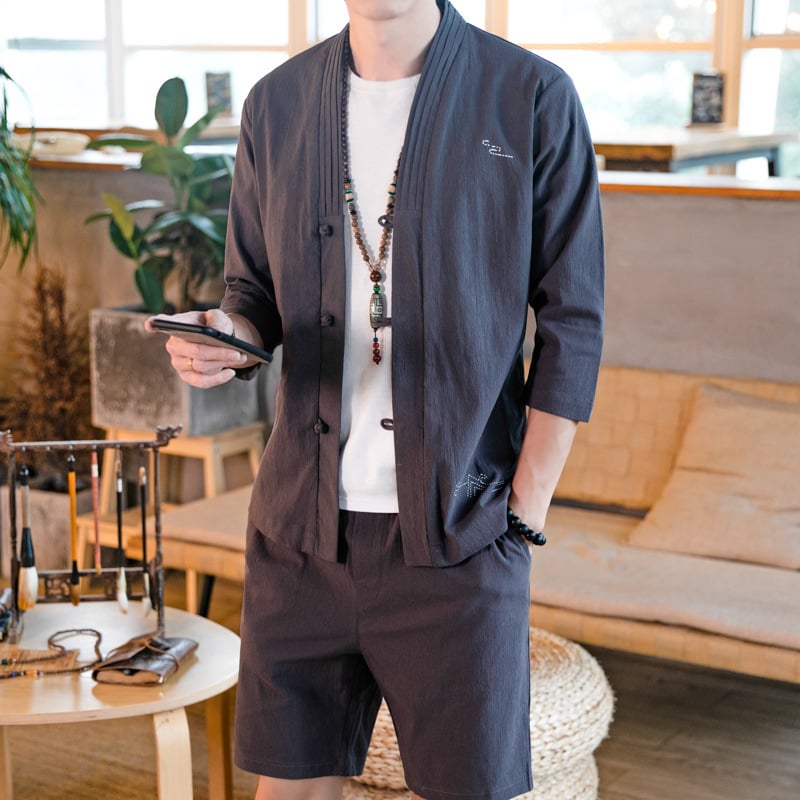 Męski Wiosenny Komplet Dwuczęściowy Kardigan Slim Fit Okrągły Dekolt Długi Rękaw