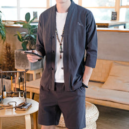 Męski Wiosenny Komplet Dwuczęściowy Kardigan Slim Fit Okrągły Dekolt Długi Rękaw