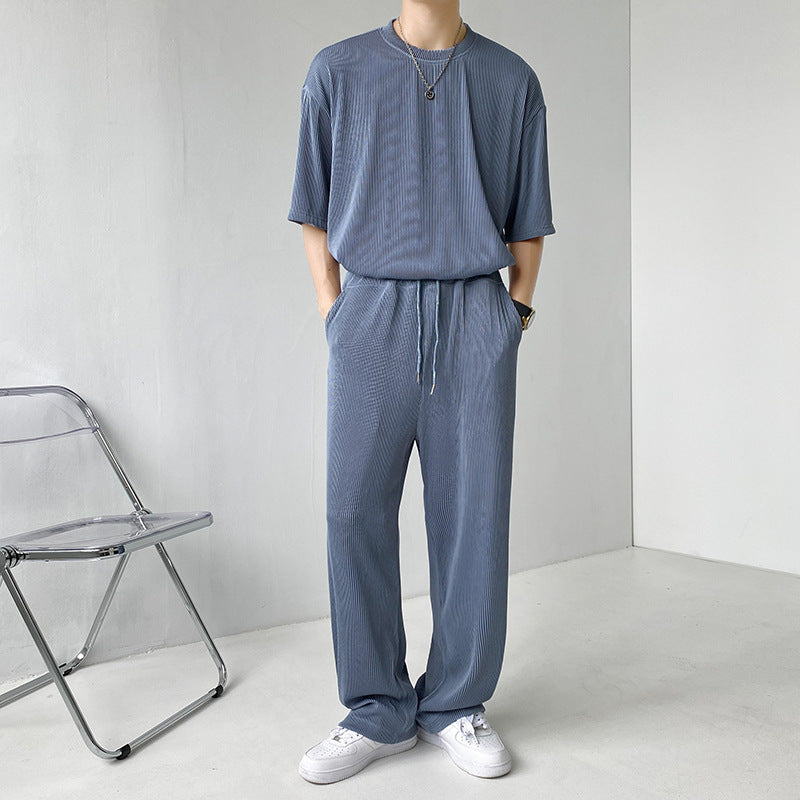 Męski Letni Komplet Plisowany Dwuczęściowy Bluzka z Długim Rękawem i Szorty