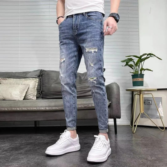 Męskie Jeansy Skinny Z Wysokim Stanem Elastyczne Z Przetarciami Z Zamkiem
