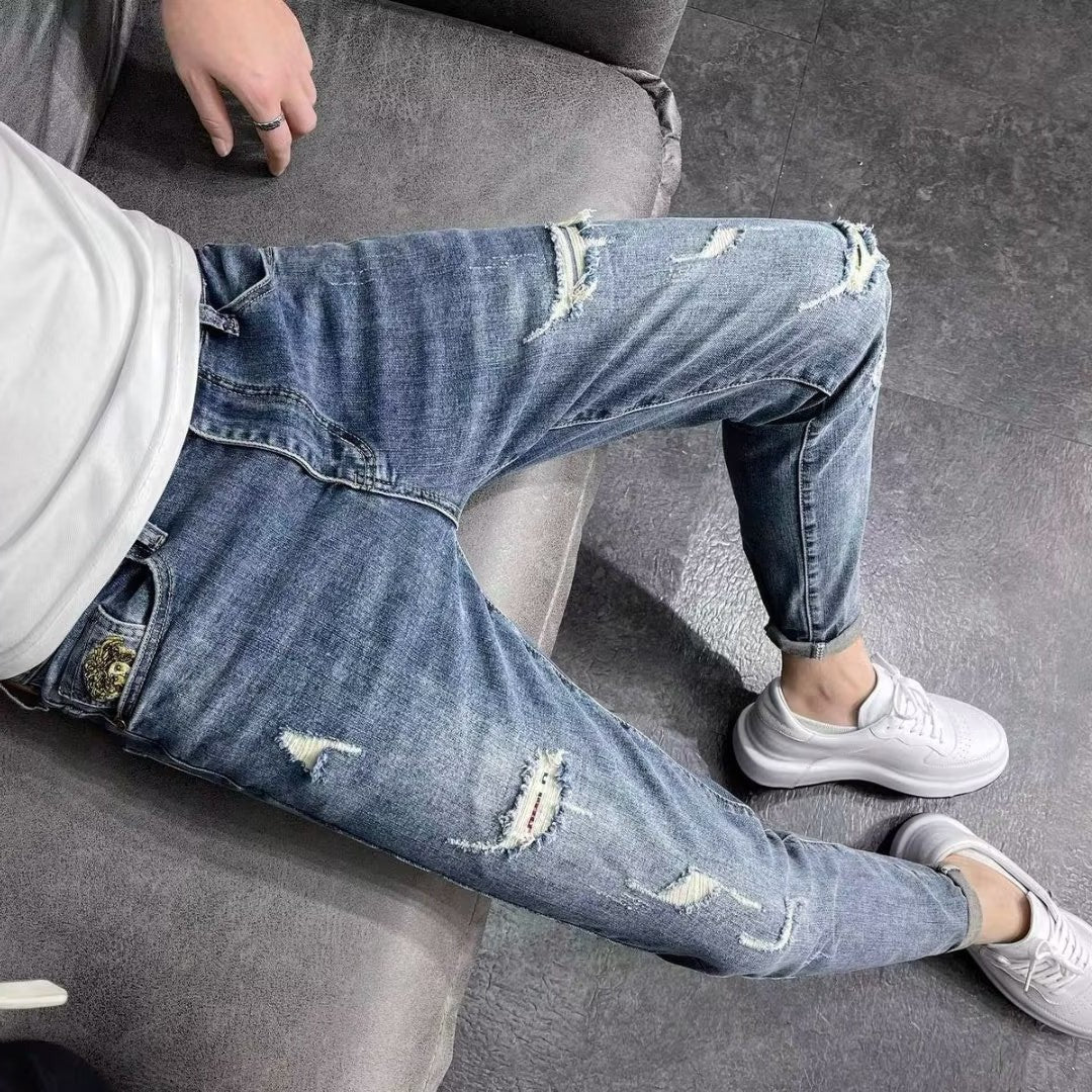 Męskie Jeansy Skinny Z Wysokim Stanem Elastyczne Z Przetarciami Z Zamkiem