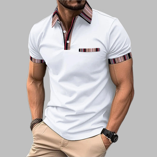Męski T-Shirt Z Krótkim Rękawem Z Nadrukowanym Kołnierzem Guzikowym Luźny Krój