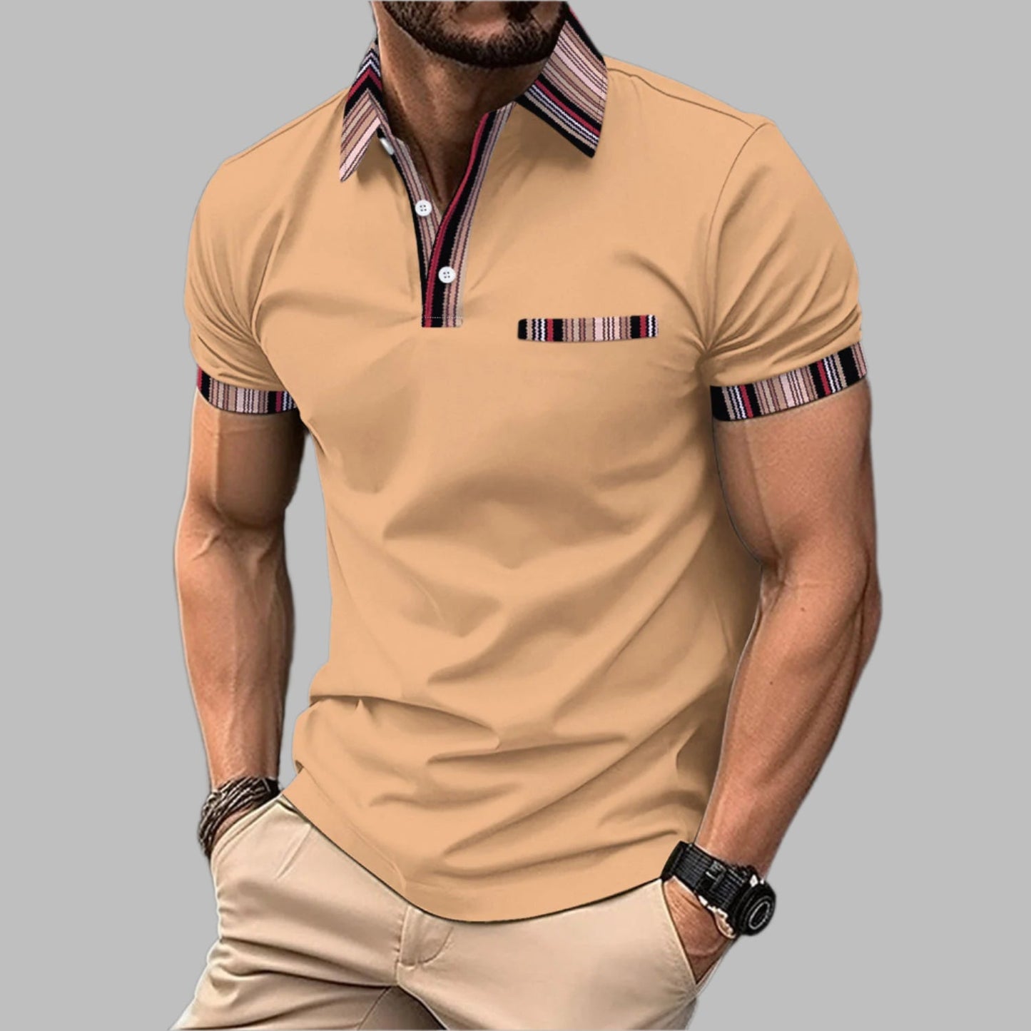 Męski T-Shirt Z Krótkim Rękawem Z Nadrukowanym Kołnierzem Guzikowym Luźny Krój