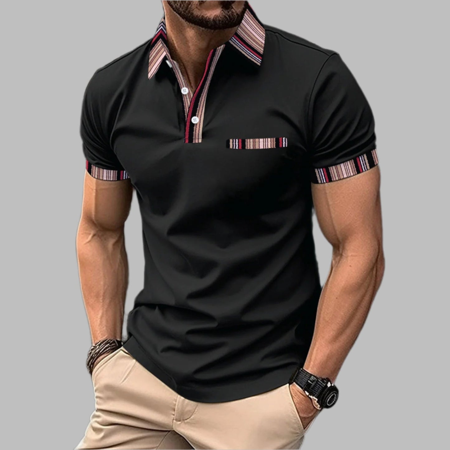 Męski T-Shirt Z Krótkim Rękawem Z Nadrukowanym Kołnierzem Guzikowym Luźny Krój