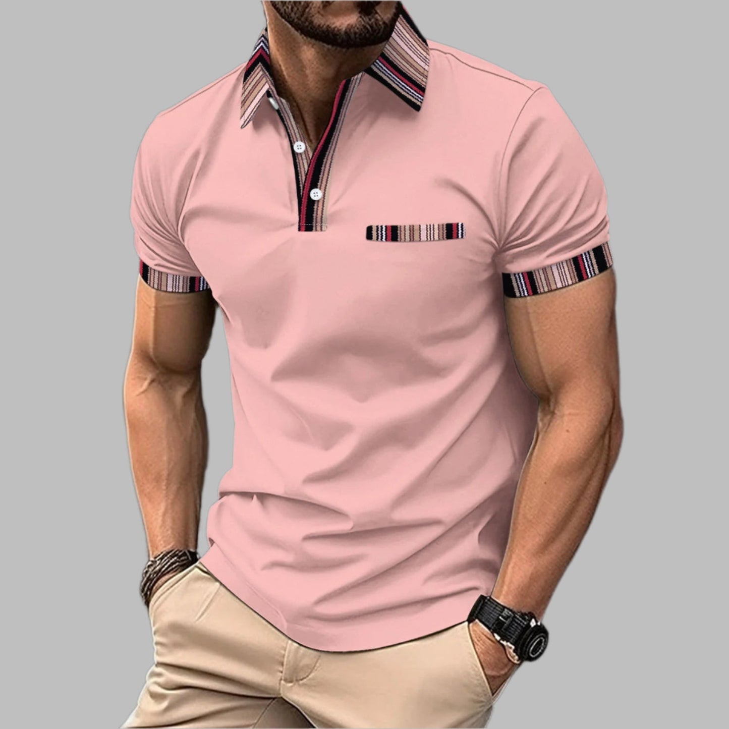 Męski T-Shirt Z Krótkim Rękawem Z Nadrukowanym Kołnierzem Guzikowym Luźny Krój
