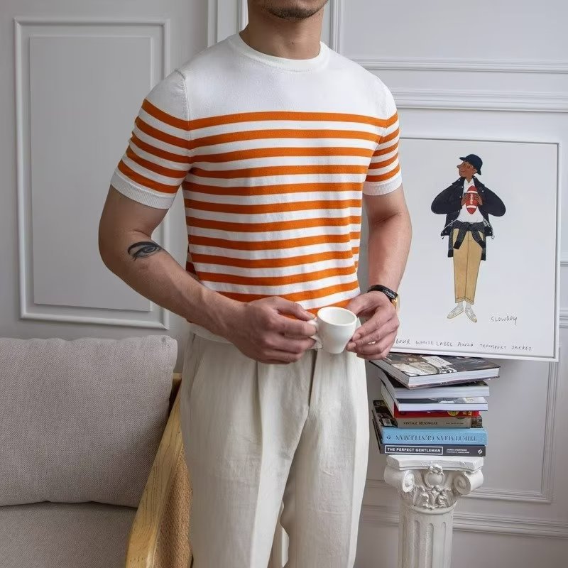 Męski T-Shirt Z Krótkim Rękawem W Paski Pulower Pół Rękaw