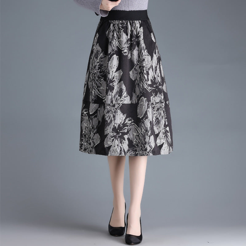 Damska Spódnica Midi Wysoki Stan Fason A-Line Wzór Kwiatowy Jacquard