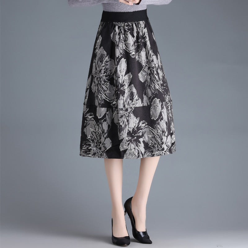 Damska Spódnica Midi Wysoki Stan Fason A-Line Wzór Kwiatowy Jacquard