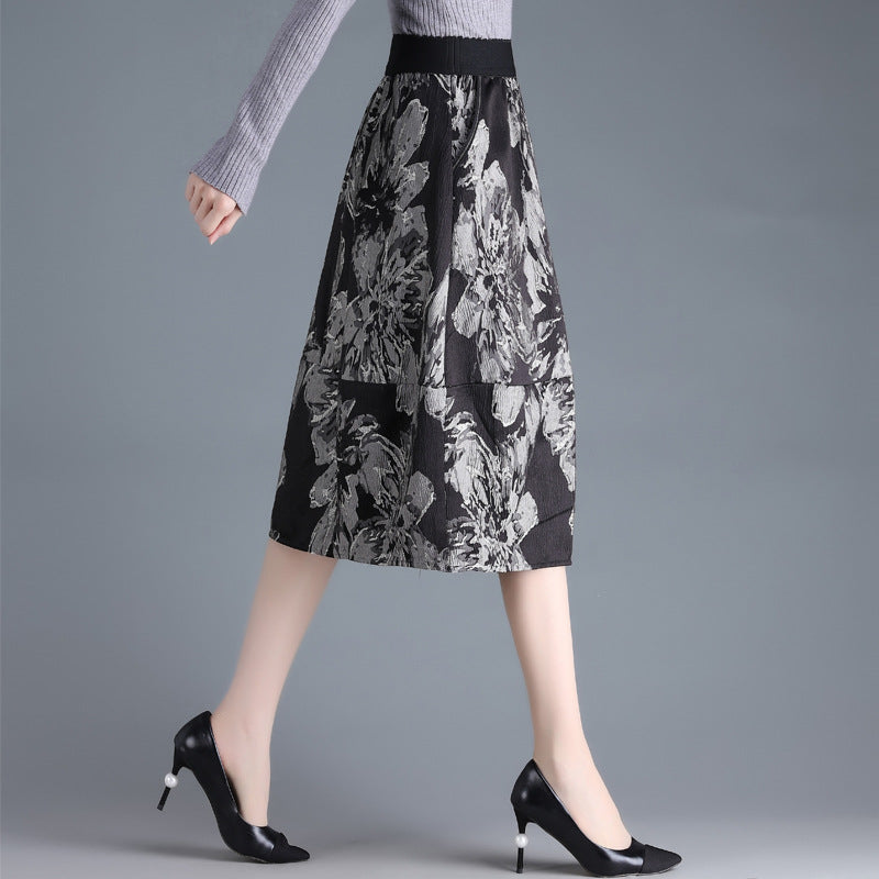 Damska Spódnica Midi Wysoki Stan Fason A-Line Wzór Kwiatowy Jacquard