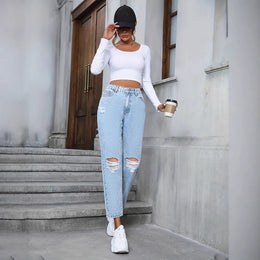 Damskie Jeansy Denim Blend Wysoki Stan Luźny Krój Prosta Nogawka z Przetarciami