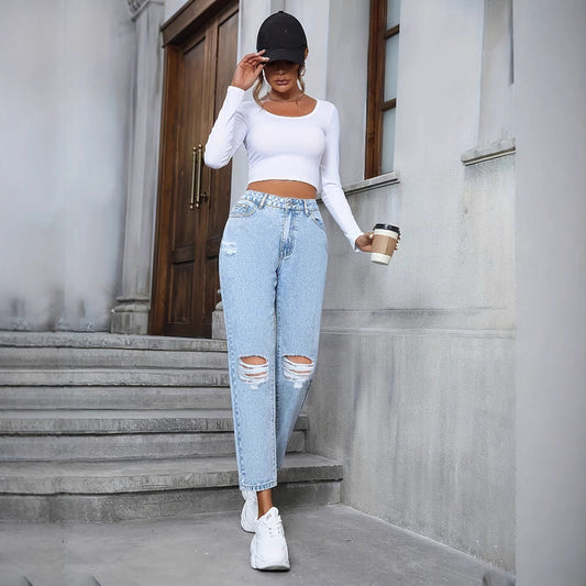 Damskie Jeansy Denim Blend Wysoki Stan Luźny Krój Prosta Nogawka z Przetarciami