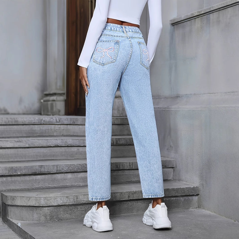 Damskie Jeansy Denim Blend Wysoki Stan Luźny Krój Prosta Nogawka z Przetarciami