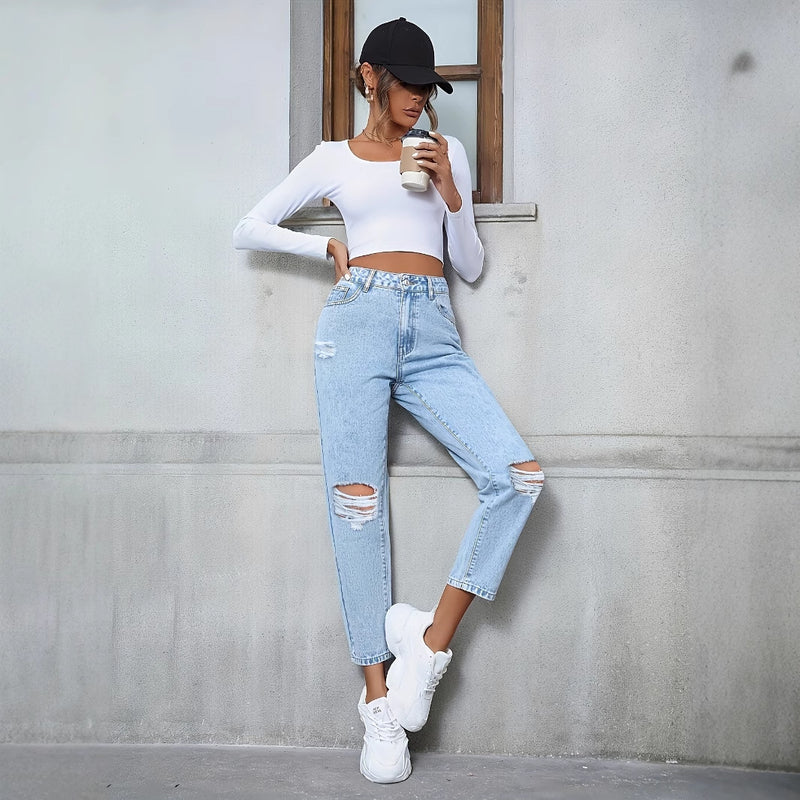 Damskie Jeansy Denim Blend Wysoki Stan Luźny Krój Prosta Nogawka z Przetarciami