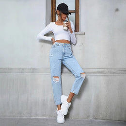 Damskie Jeansy Denim Blend Wysoki Stan Luźny Krój Prosta Nogawka z Przetarciami