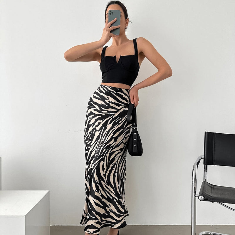Damska Spódnica Letnia Wzór Zebra Wysoka Talia Krój A Linia Strukturalny