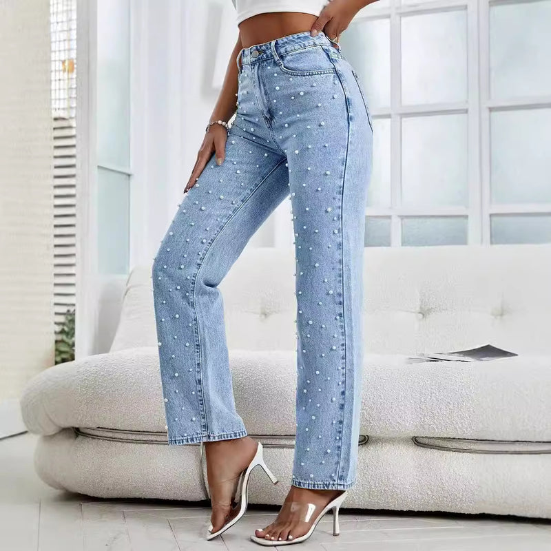 Damskie Jeansy Cropped Wiosenne Średni Stan Jasnoniebieskie z Ozdobnymi Koralikami
