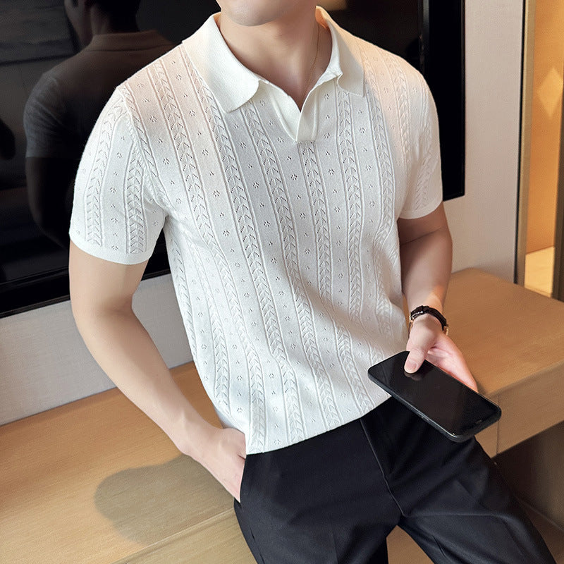 Męski Letni T-Shirt w Paski z Dzianiny Jacquard V-Neck Krótki Rękaw Lekki