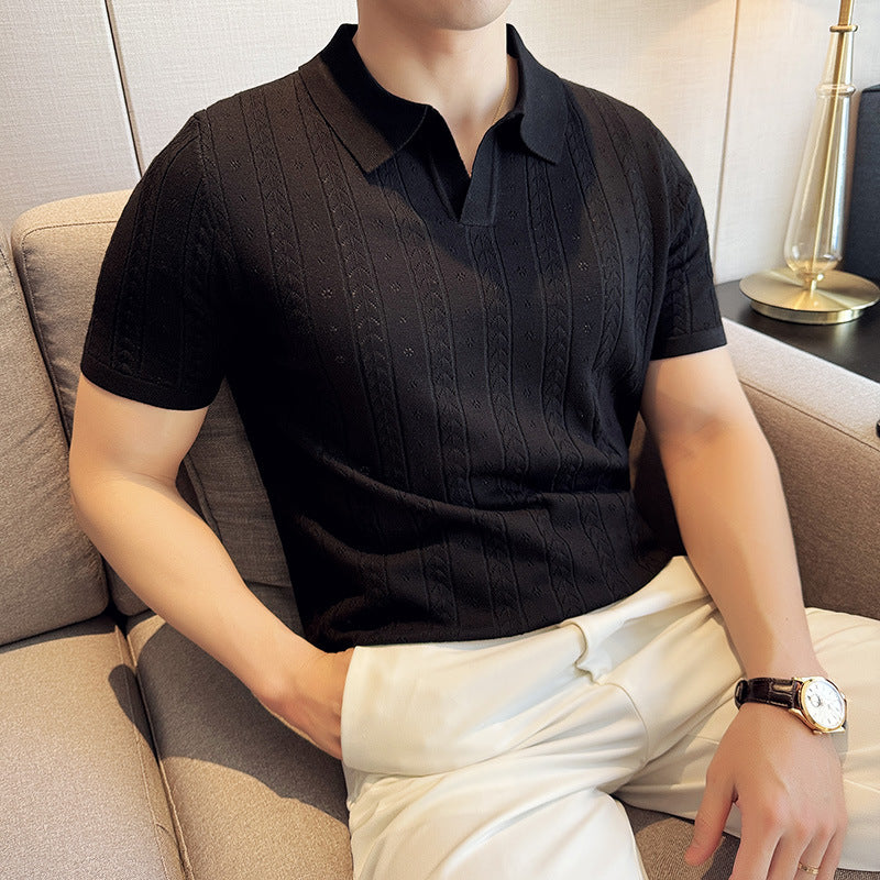 Męski Letni T-Shirt w Paski z Dzianiny Jacquard V-Neck Krótki Rękaw Lekki