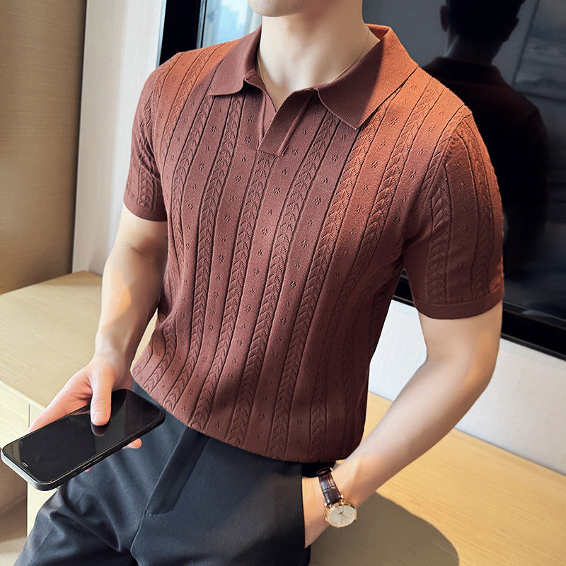 Męski Letni T-Shirt w Paski z Dzianiny Jacquard V-Neck Krótki Rękaw Lekki