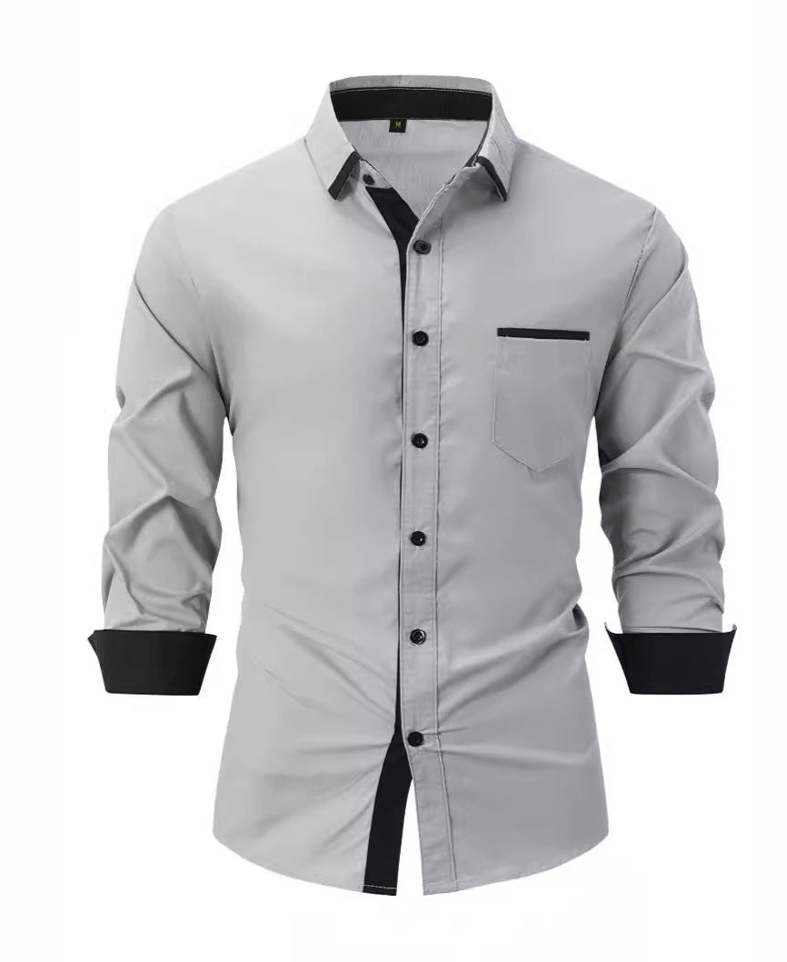 Męska Koszula Biznesowa na Wiosnę i Jesień, Slim Fit, w Paski, Zapinana na Guziki, z Długim Rękawem, Non-Iron