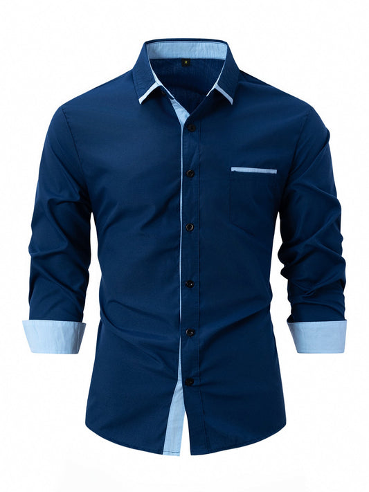 Męska Koszula Biznesowa na Wiosnę i Jesień, Slim Fit, w Paski, Zapinana na Guziki, z Długim Rękawem, Non-Iron