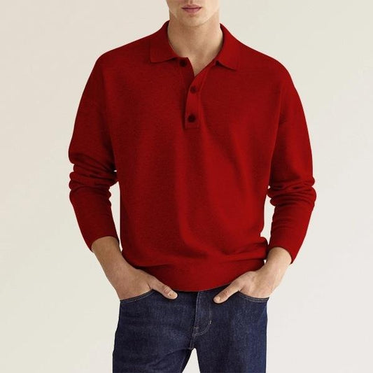 Męska Koszulka Polo z Długim Rękawem V-Neck Luźny Krój Mieszanka Konopna Jesień