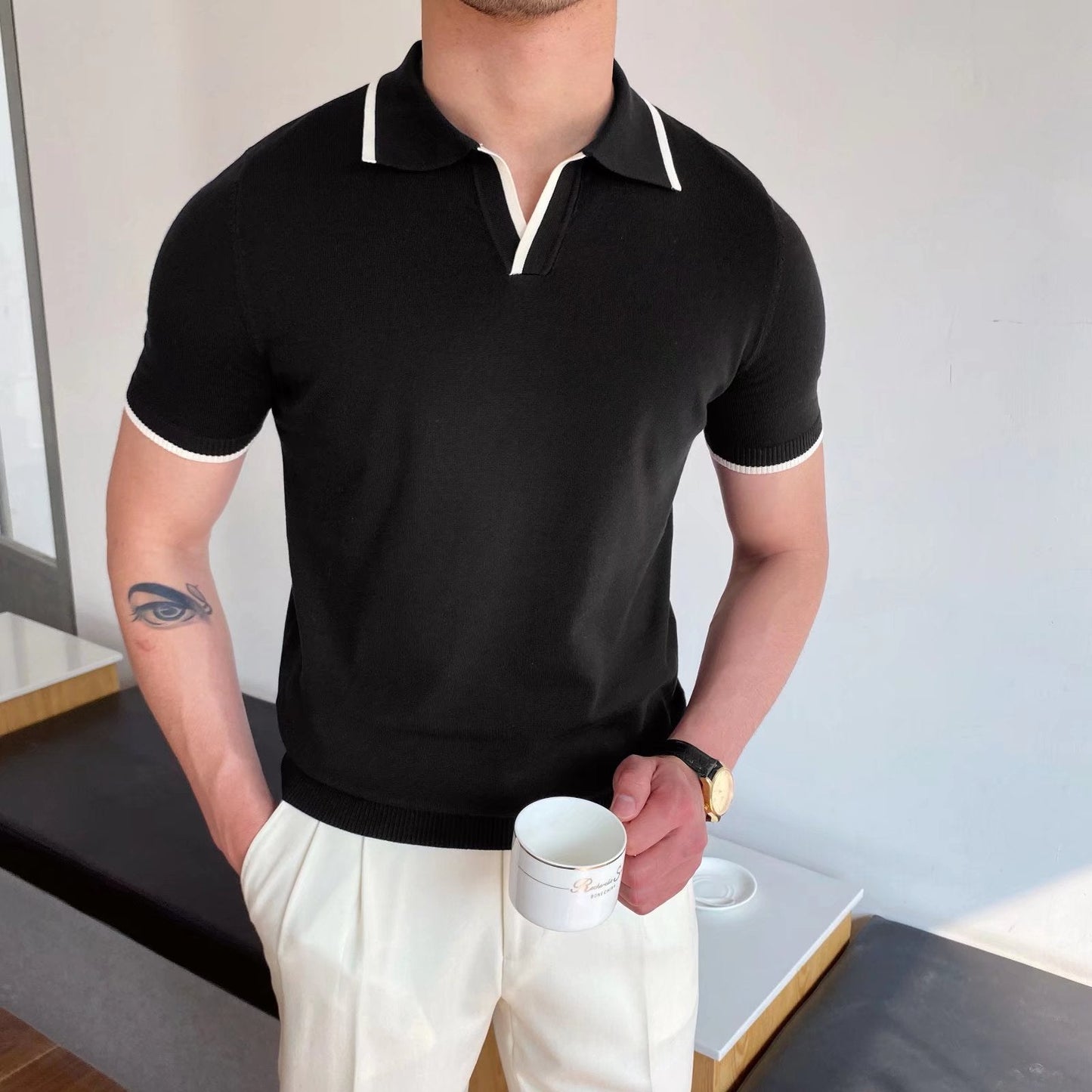 Męska Letnia Koszulka Polo Slim Fit Paski Styl Ice Silk Szczelina Boczna