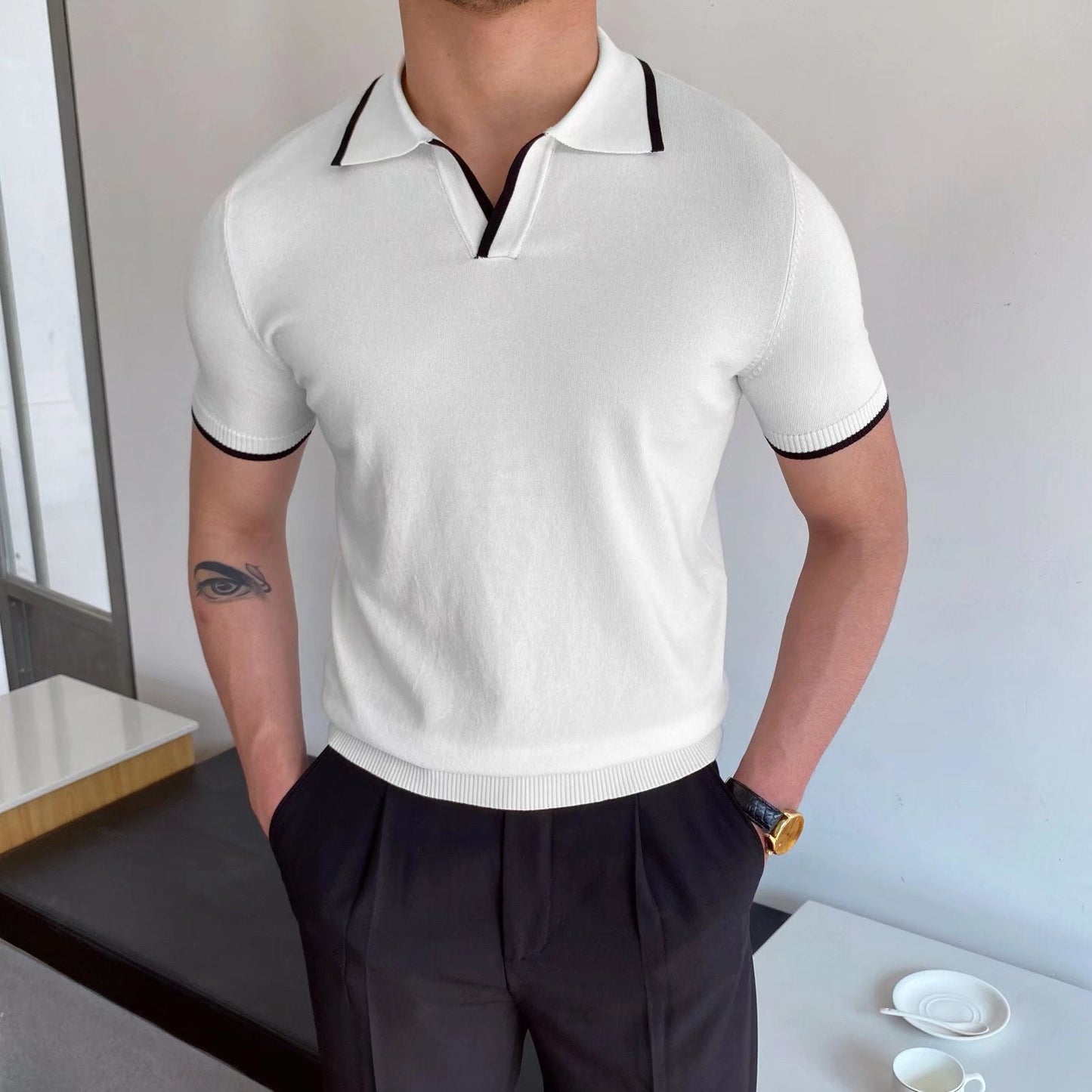 Męska Letnia Koszulka Polo Slim Fit Paski Styl Ice Silk Szczelina Boczna