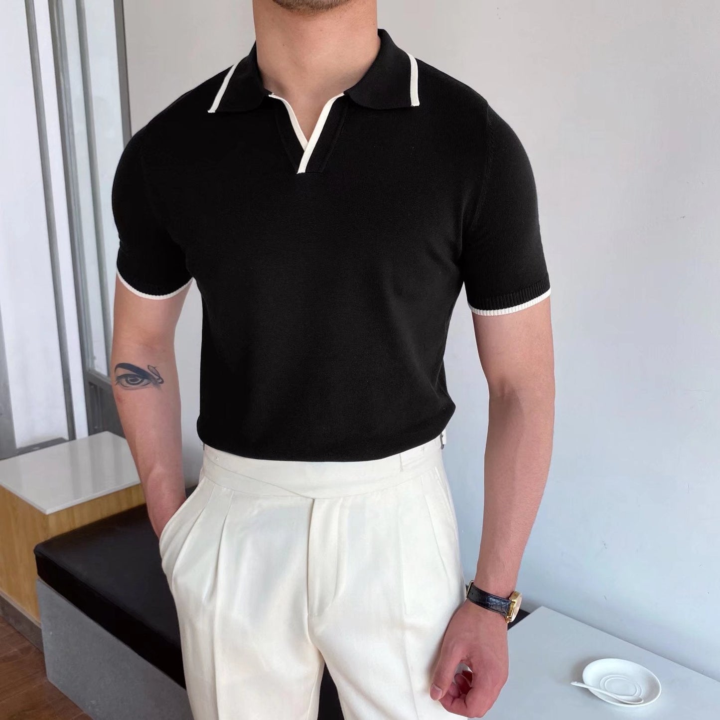 Męska Letnia Koszulka Polo Slim Fit Paski Styl Ice Silk Szczelina Boczna