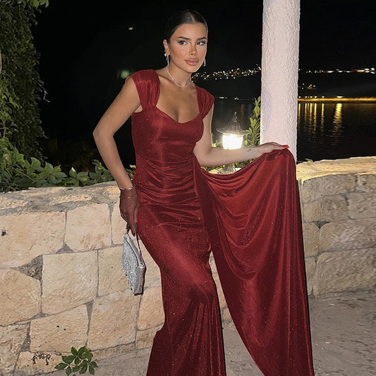 Damska Sukienka Zimowa Wieczorowa Bez Rękawów, Brokatowa, Z Wysokim Stanem, Długa Dopasowana