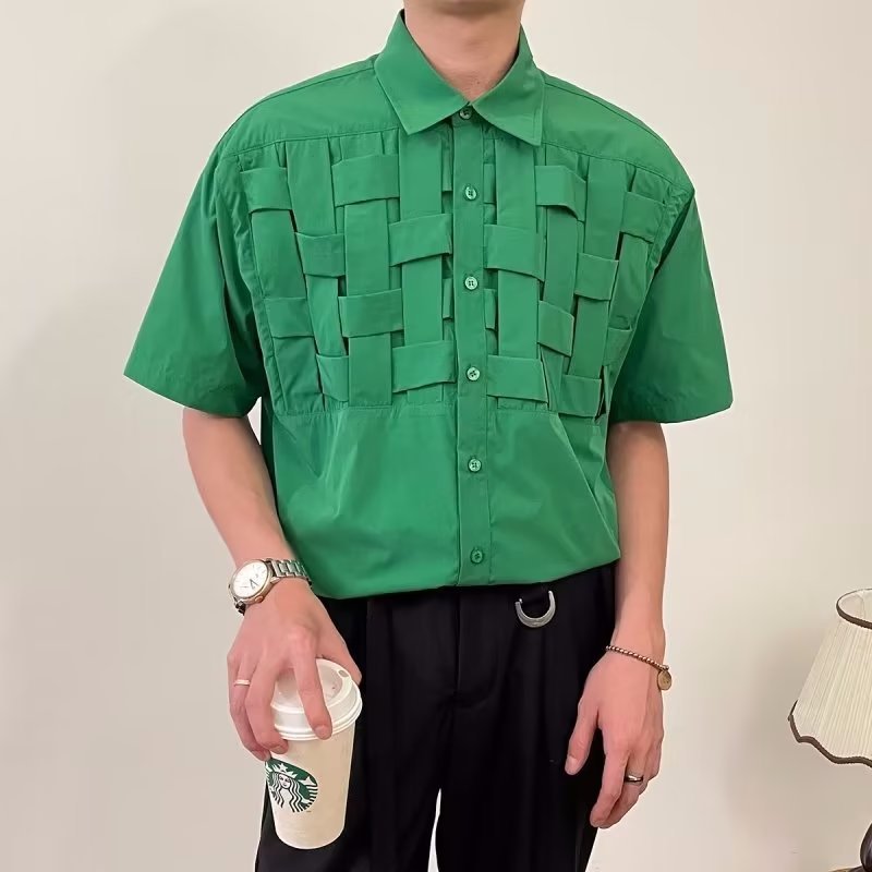 Męska Letnia Koszula z Krótkim Rękawem, Slim Fit, Lekka Tkanina Tkana, Zapinana na Guziki