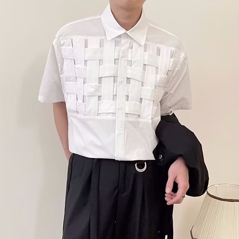 Męska Letnia Koszula z Krótkim Rękawem, Slim Fit, Lekka Tkanina Tkana, Zapinana na Guziki