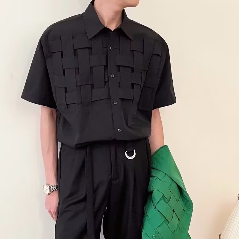 Męska Letnia Koszula z Krótkim Rękawem, Slim Fit, Lekka Tkanina Tkana, Zapinana na Guziki