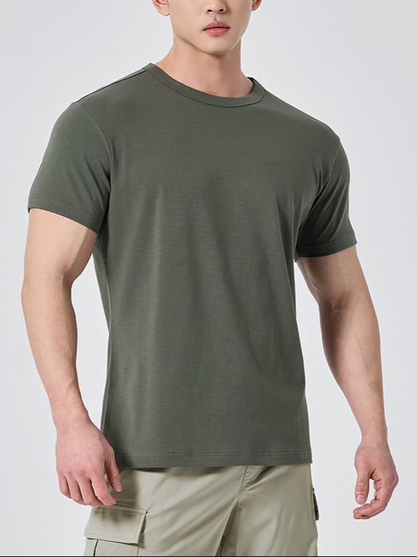 Męski T-Shirt z Krótkim Rękawem, Okrągły Dekolt, Jednolity Kolor, Krój Sportowy