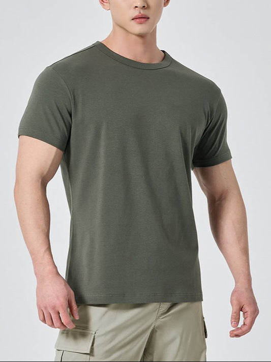 Męski T-Shirt z Krótkim Rękawem, Okrągły Dekolt, Jednolity Kolor, Krój Sportowy