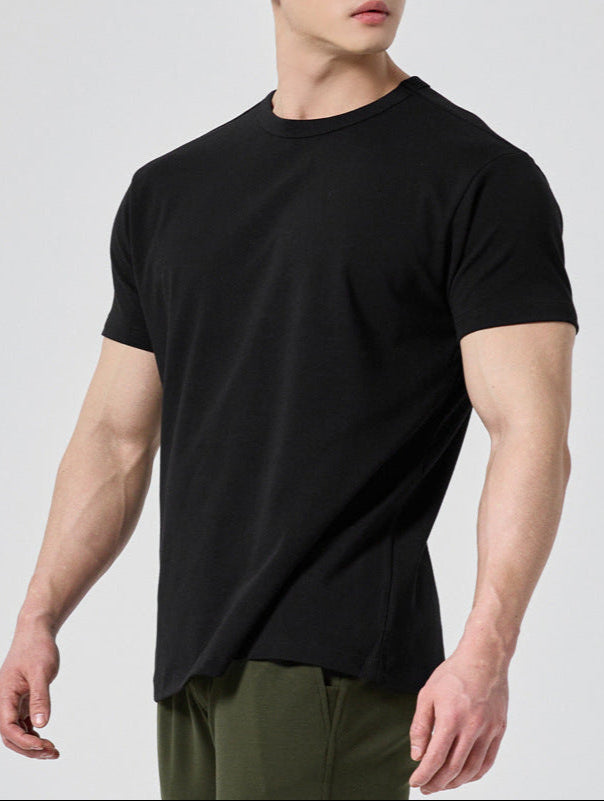 Męski T-Shirt z Krótkim Rękawem, Okrągły Dekolt, Jednolity Kolor, Krój Sportowy