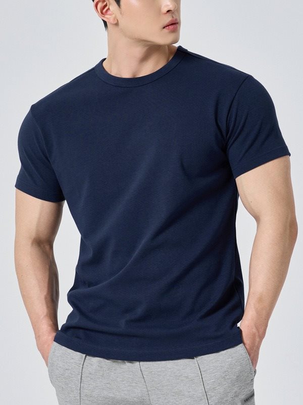 Męski T-Shirt z Krótkim Rękawem, Okrągły Dekolt, Jednolity Kolor, Krój Sportowy