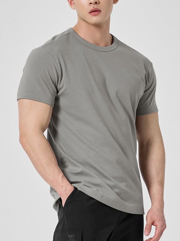 Męski T-Shirt z Krótkim Rękawem, Okrągły Dekolt, Jednolity Kolor, Krój Sportowy