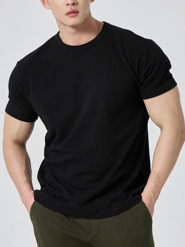 Męski T-Shirt z Krótkim Rękawem, Okrągły Dekolt, Jednolity Kolor, Krój Sportowy