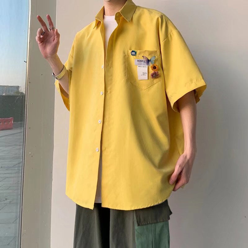Męska Koszula/Kardigan z Krótkim Rękawem, Slim Fit, Jednolity Kolor, Otwarty Przód