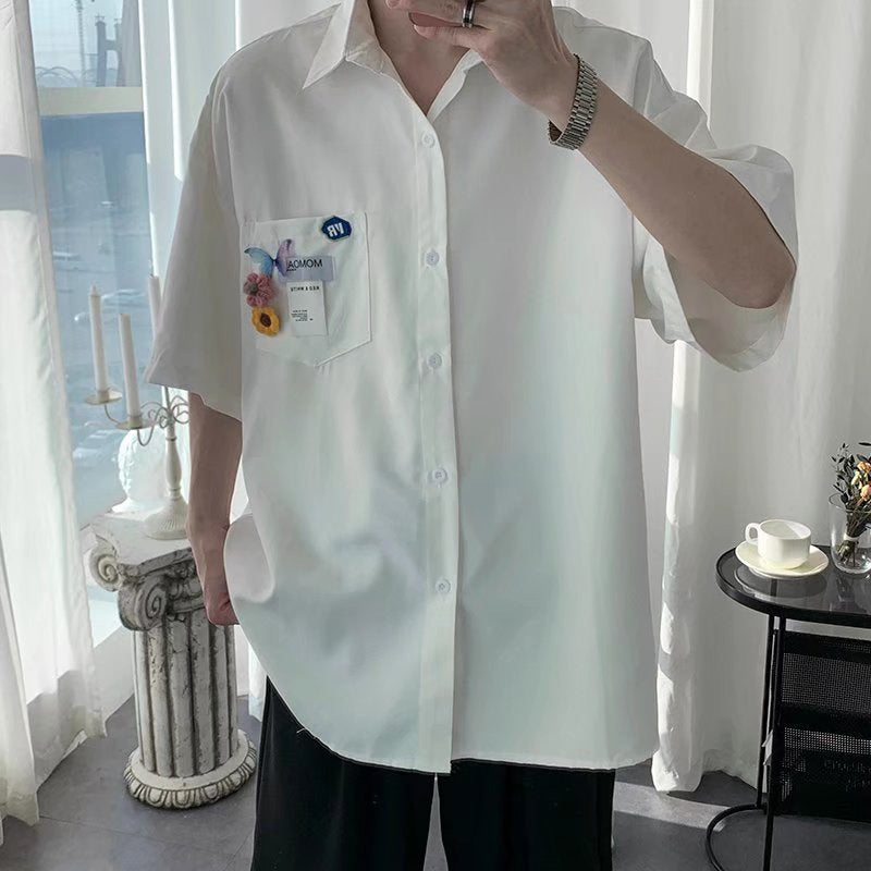Męska Koszula/Kardigan z Krótkim Rękawem, Slim Fit, Jednolity Kolor, Otwarty Przód