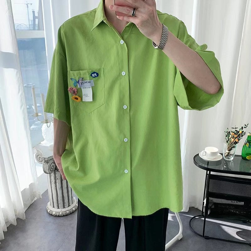 Męska Koszula/Kardigan z Krótkim Rękawem, Slim Fit, Jednolity Kolor, Otwarty Przód