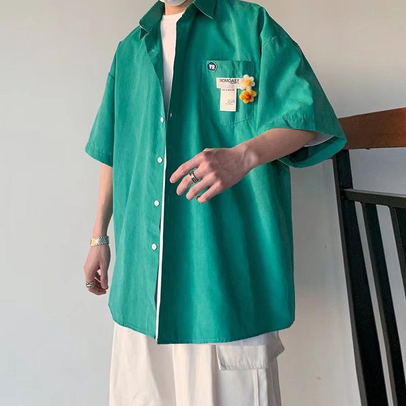 Męska Koszula/Kardigan z Krótkim Rękawem, Slim Fit, Jednolity Kolor, Otwarty Przód
