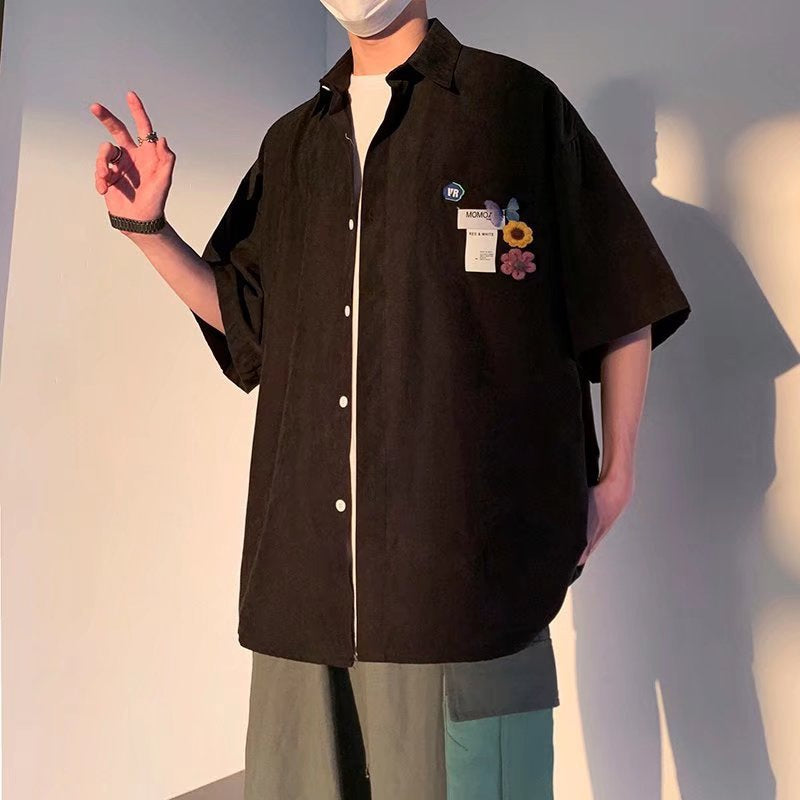 Męska Koszula/Kardigan z Krótkim Rękawem, Slim Fit, Jednolity Kolor, Otwarty Przód