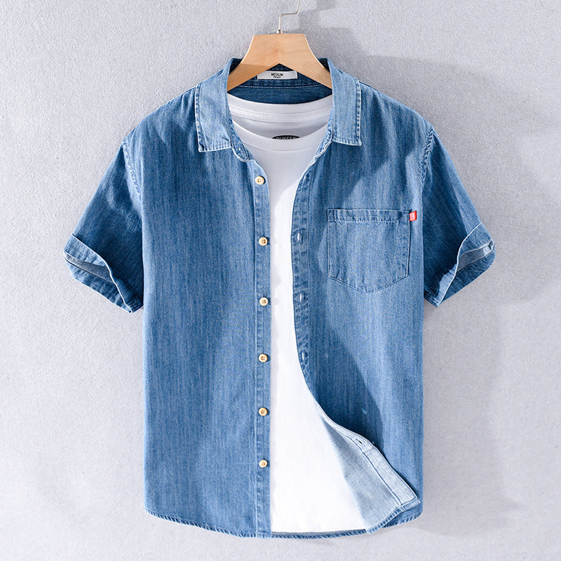 Męska Koszula z Krótkim Rękawem z Mieszanki Denimu, Lekka, Oddychająca Tkanina Bawełniana