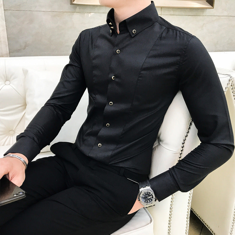 Męska Koszula z Długim Rękawem, Zapinana Na Guziki, Slim Fit, Bez Prasowania, Jednolity Kolor