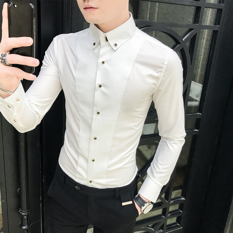Męska Koszula z Długim Rękawem, Zapinana Na Guziki, Slim Fit, Bez Prasowania, Jednolity Kolor