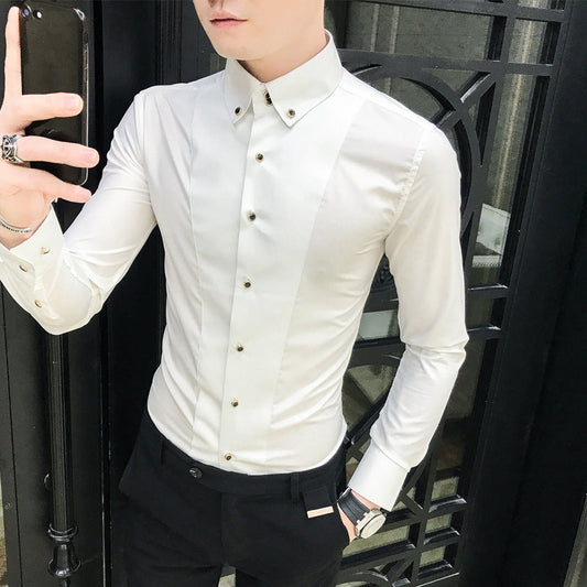 Męska Koszula z Długim Rękawem, Zapinana Na Guziki, Slim Fit, Bez Prasowania, Jednolity Kolor