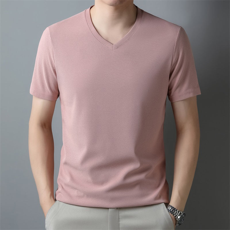 Męski Letni T-Shirt z Krótkim Rękawem z Dekoltem V z Lekkiej Oddychającej Tkaniny